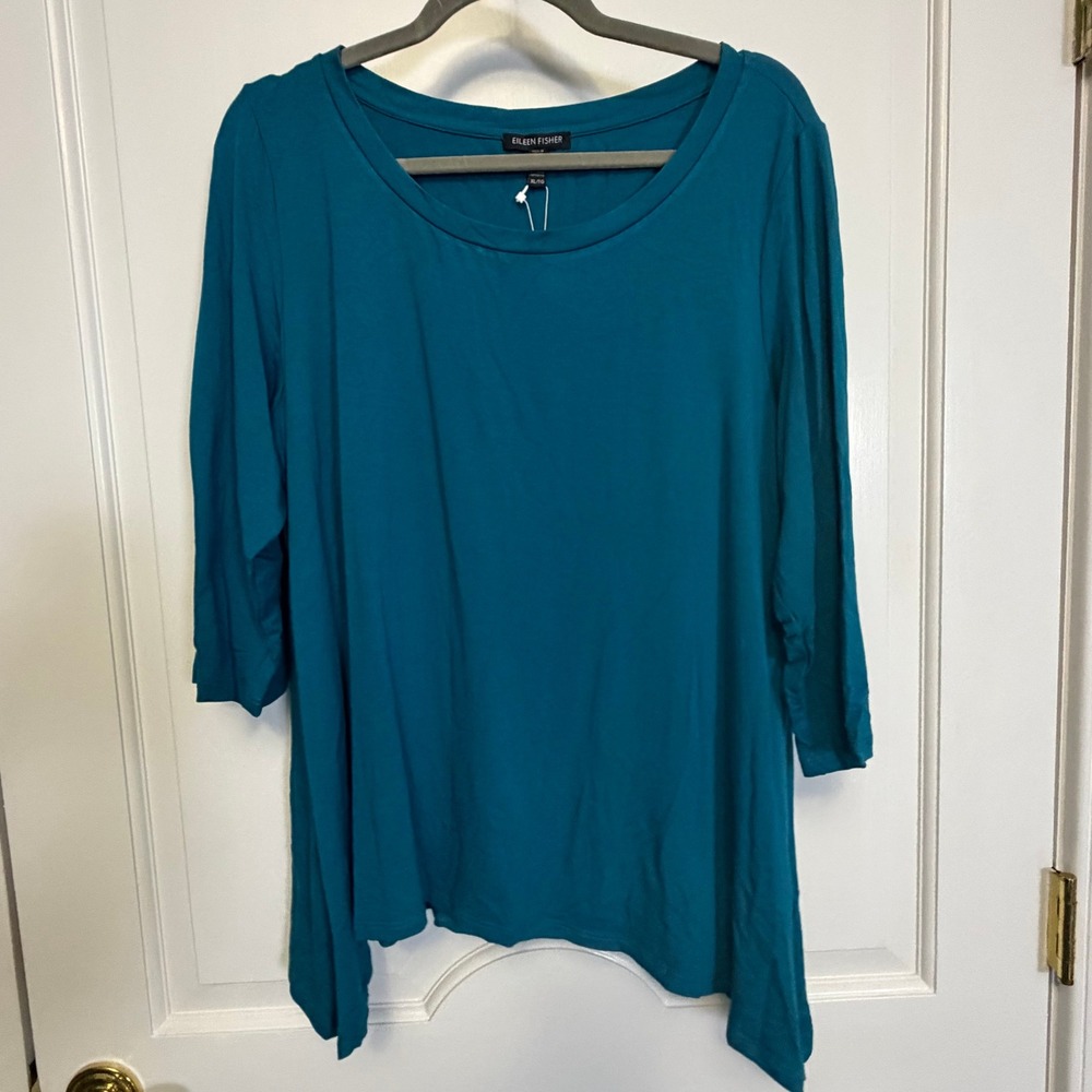 Eileen Fisher 3/4 Sleeve Scoop Neck Top Women XL Teal Blue